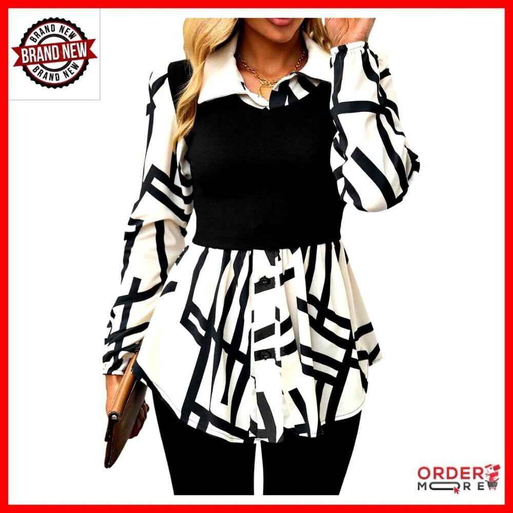Long Sleeve Peplum Blouse Button Down Collared Shirt Casual Dressy Tops